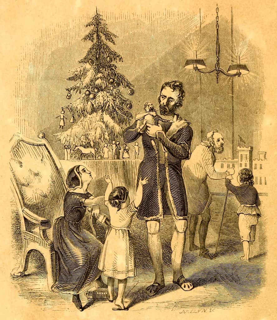 Sepia engraving of a parlor Christmas: a man holds up a nutcracker doll for a girl and seated woman beside a decorated tree