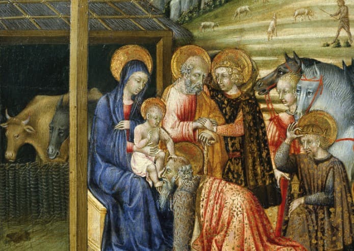 Renaissance Adoration of the Magi: Mary and the infant Jesus with kneeling kings in gold and red robes