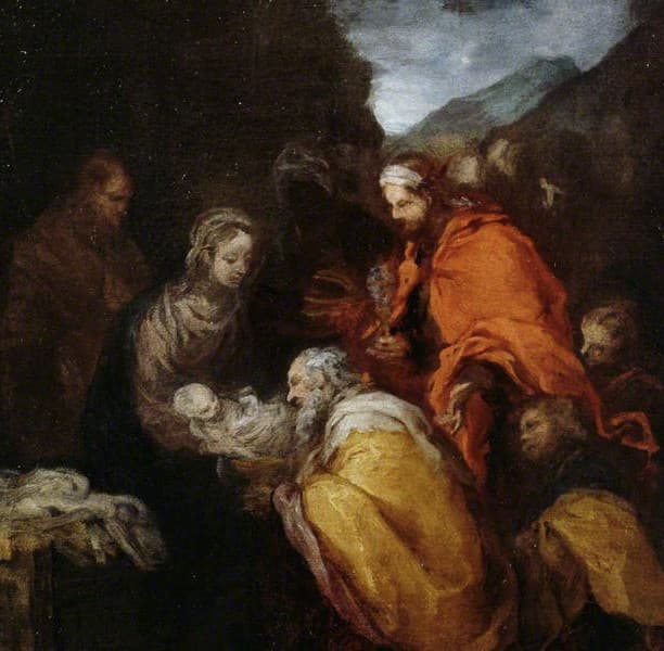 Baroque Adoration of the Magi: Mary holding the glowing infant while a kneeling king in a yellow cloak presents a gift