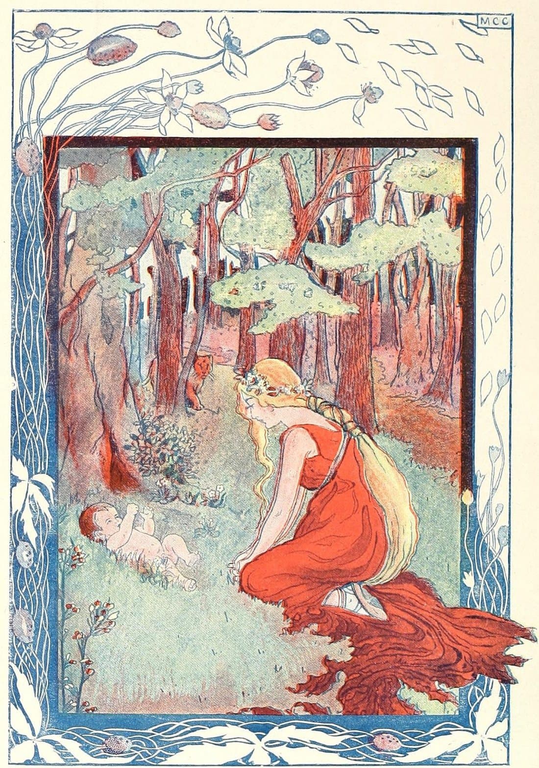Mary Cowles Clark's colour plate: the wood nymph Necile, in a red dress, kneels in the Forest of Burzee over a baby lying in the grass, inside a blue floral border