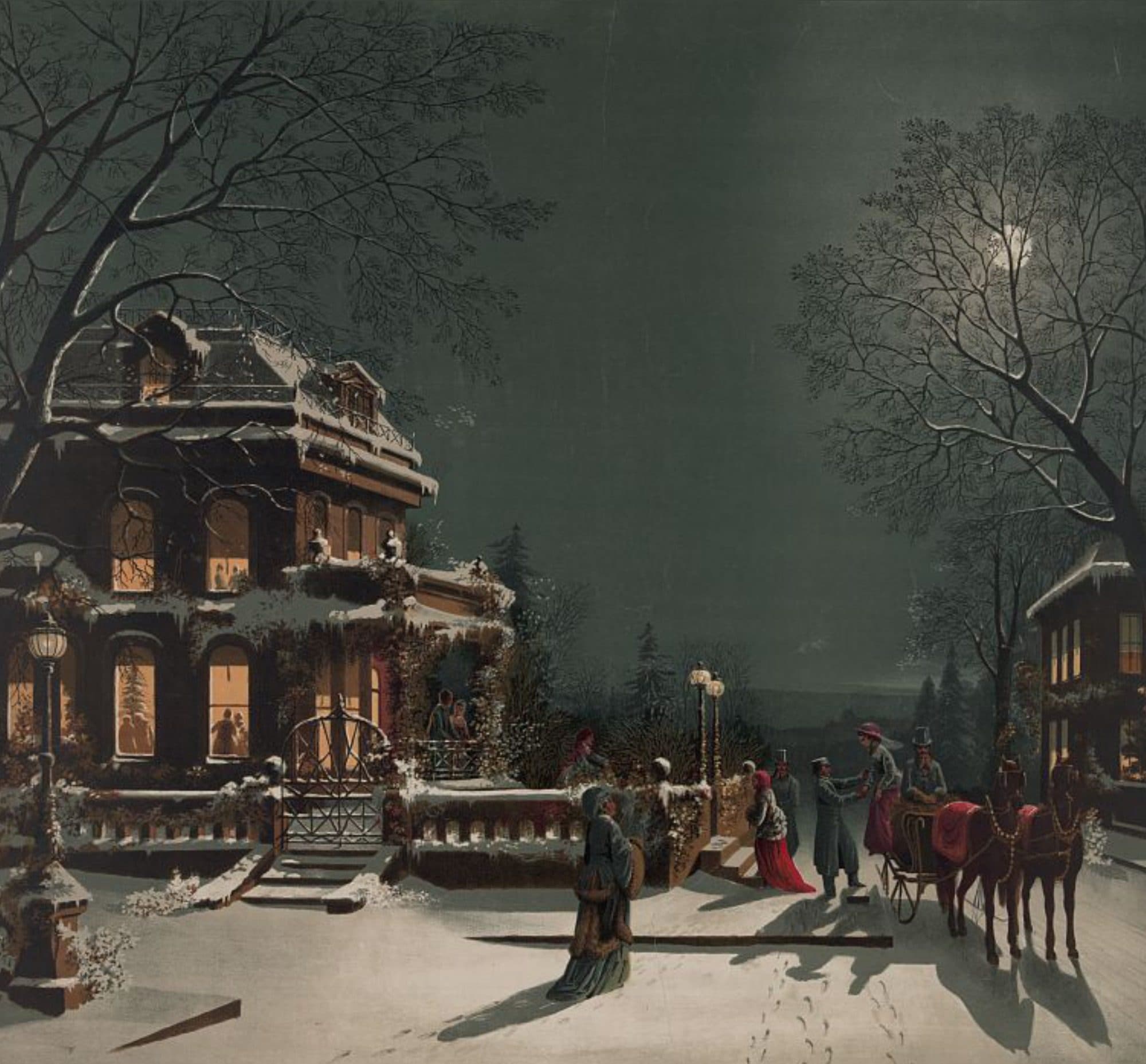 Victorian Christmas Eve print: a snow-covered house with glowing windows, guests arriving by horse-drawn carriage under a full moon