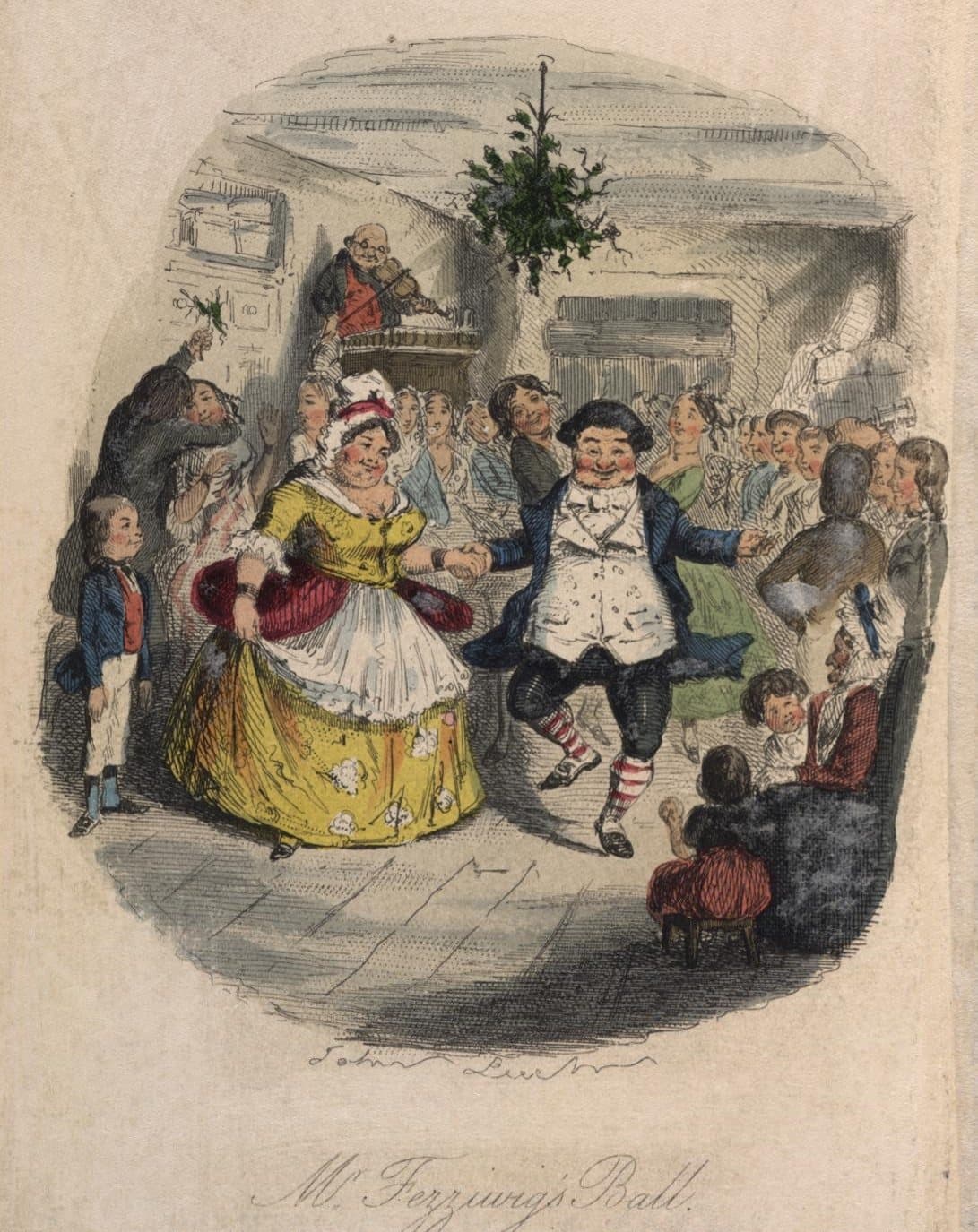 Mr. Fezziwig leads the dance at his Christmas ball, with fiddler, guests and the clerks all in motion